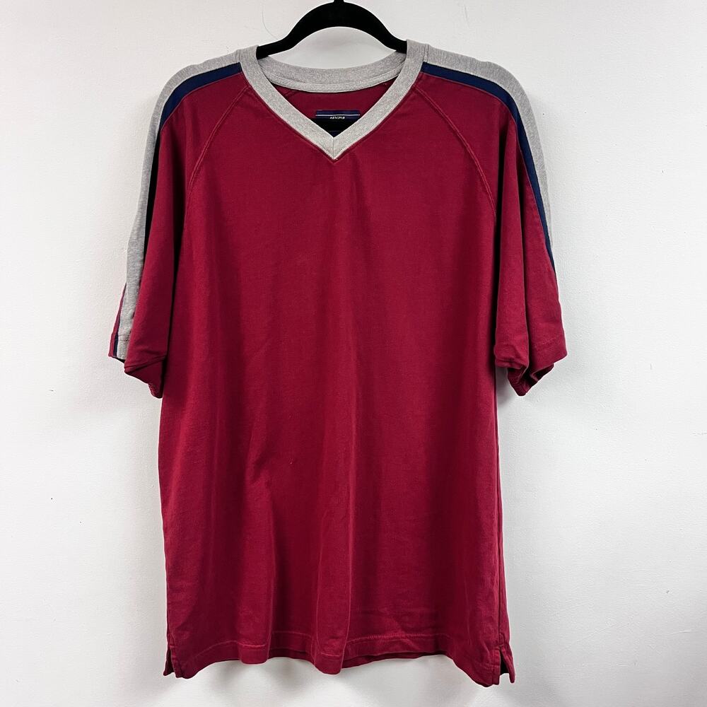 Men's 1990's Sonoma 100% Cotton v neck sporty striped tee Large burgundy gray